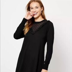 Ann Taylor LOFT Black Polka Dot Mesh Ruffles Long Sleeve Midi Sweater Dress Sz M